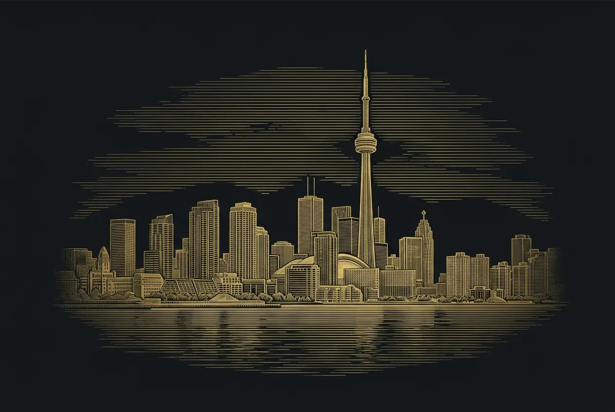 The Toronto skyline from the harbour, engraved in gold line
